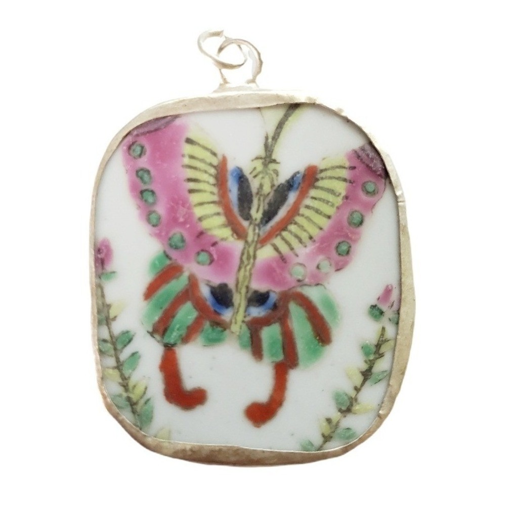Vintage Hand Painted Porcelain Butterfly Pendant Silver Tone Bezel Pink Green